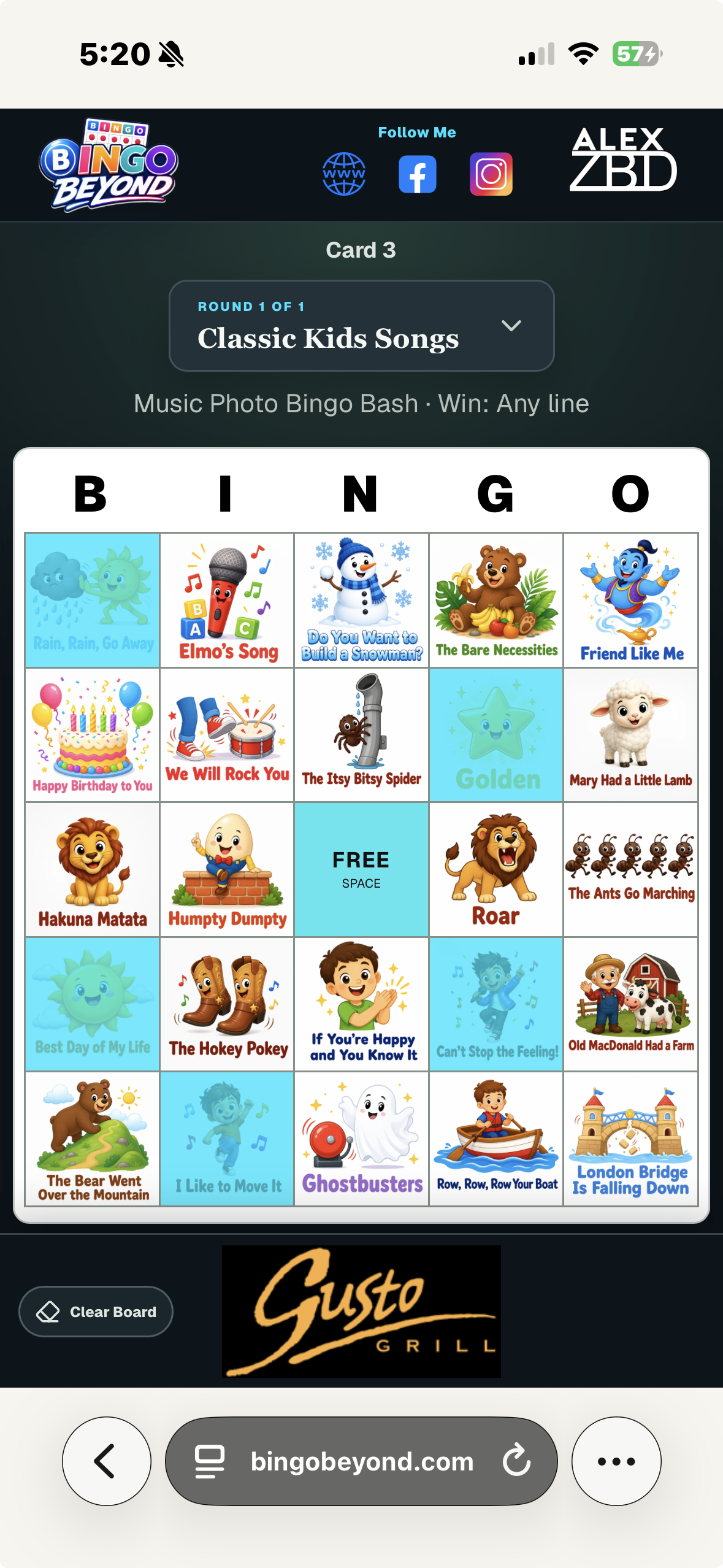 Photo Bingo player card with illustrated images and filled square markers
