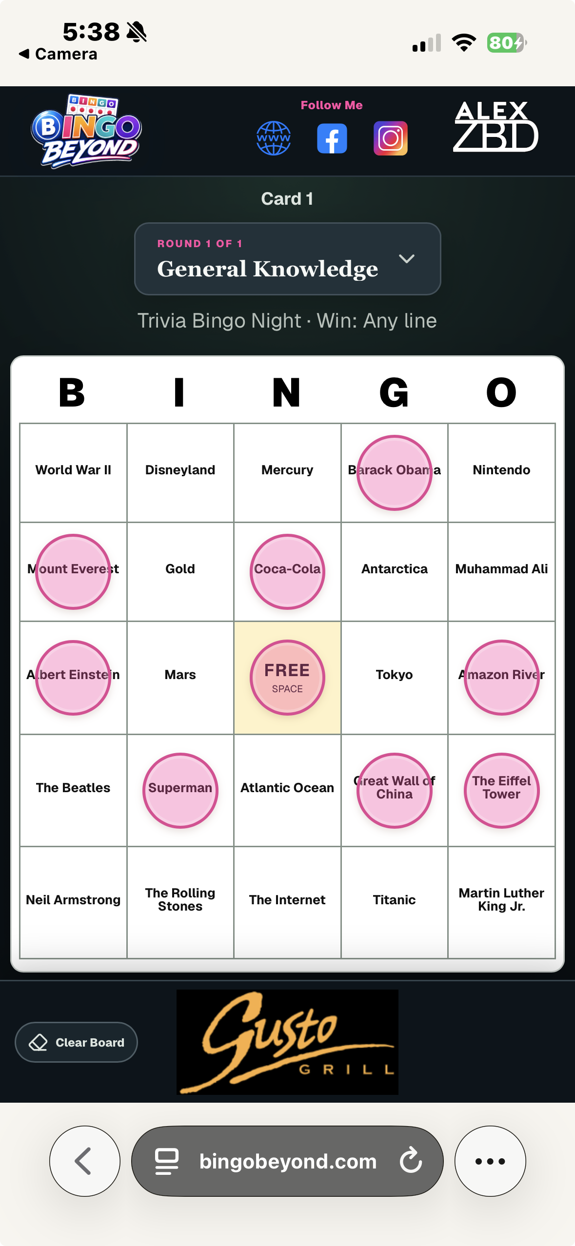Trivia Bingo player card with general knowledge answers and marked squares
